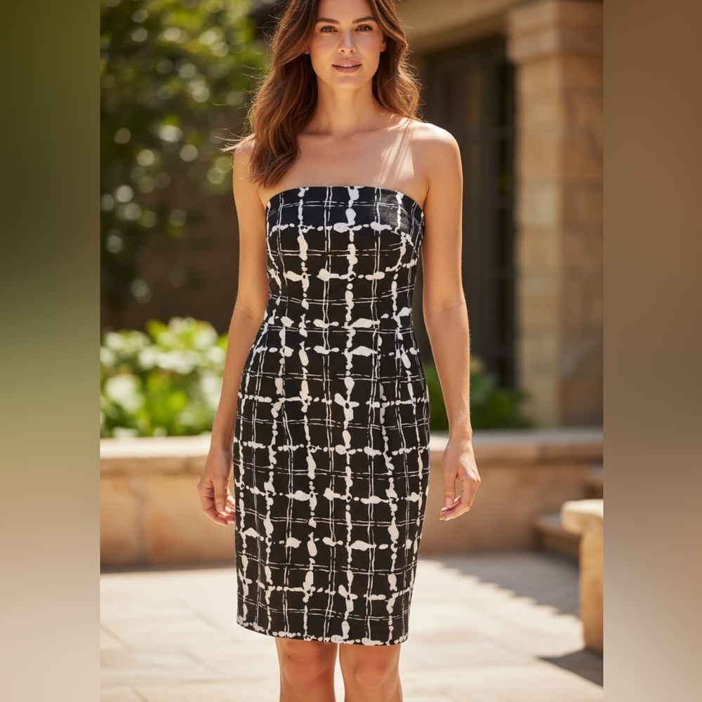 Express 2 Dress Strapless Black White Cotton Boning Pockets Sheath Classic